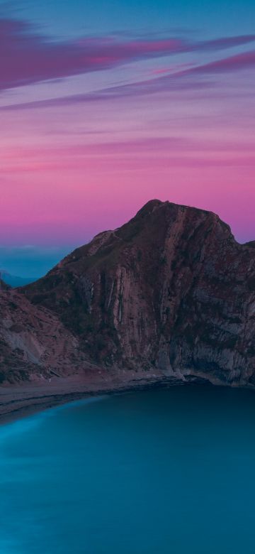 Durdle Door, West Lulworth, United Kingdom, England, Purple sky, Ocean blue, Coastline, Landscape, Seashore, Jurassic Coast, Cliff, Birds eye view, 5K