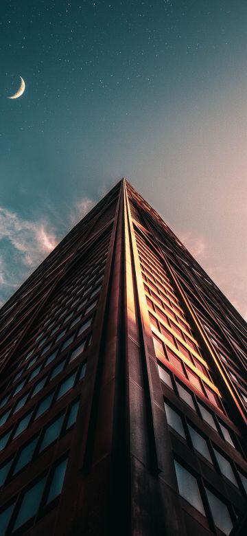 Building, Skyscraper, Crescent Moon, Starry sky