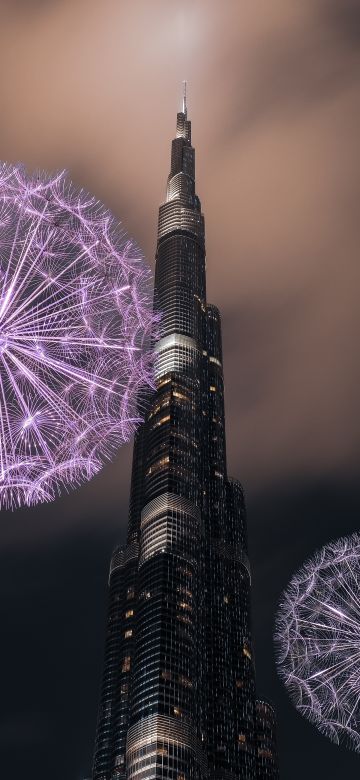 Burj Khalifa, United Arab Emirates, Dubai, Skyscraper, Modern architecture, High rise building, Dandelion flowers, Low Angle Photography, Sky view, Night time, Clouds, 5K