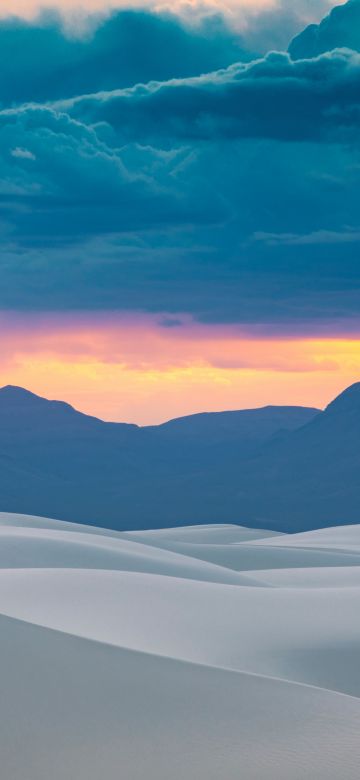 White Sands, Mountain range, Cloudy Sky, Sunset Orange, Silhouette, Landscape, USA, Desert, Soil, 5K