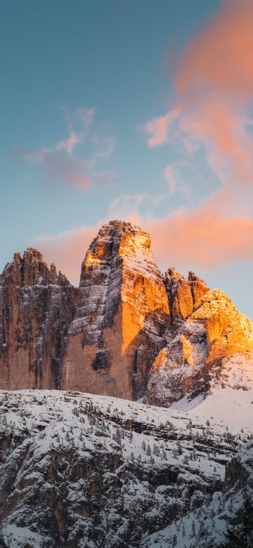 Tre Cime di Lavaredo, Italy, Mountain range, Rock formations, Snow covered, Glacier, Landscape, Mountain View, Peaks, Alps, Golden hour, Sunset, Scenery, 5K, 8K