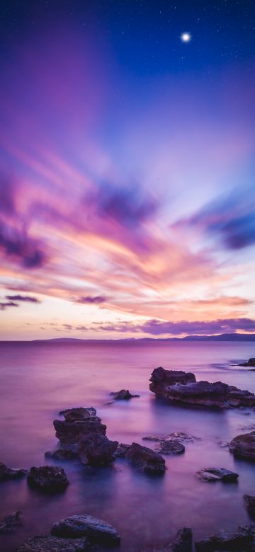 Seascape, Sunset, Horizon, Purple, Ocean, Rock formations, Scenic, Beauty in Nature, Landscape, Long exposure, Clouds, 5K