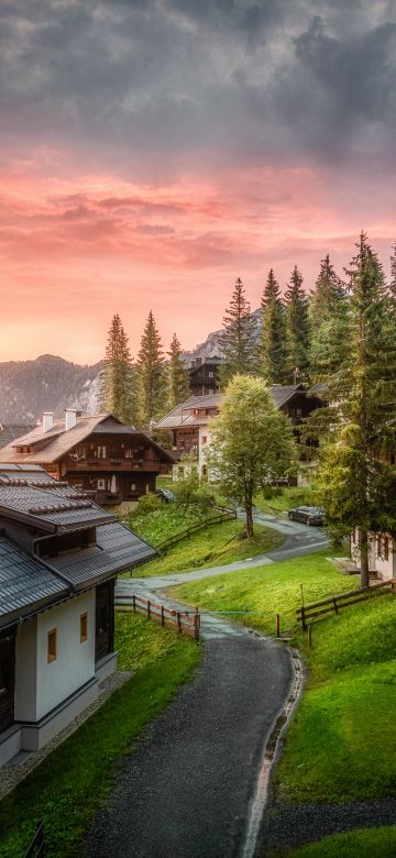 Wooden House, Sunrise, Landscape, Sonnleitn village, Southern Carinthia, Austria, Morning sun, Green Trees, Greenery, Cloudy, Scenery, 5K, 8K