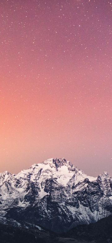 Alps mountains, 5K, Mountain range, Italy, Pink sky, Starry sky, Snow covered, Glacier, Peak, Scenery, Landscape