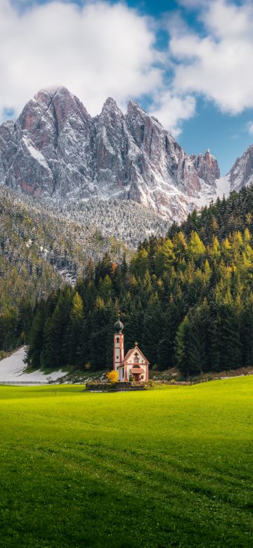 Church Of St Johann, Villnoss, Italy, Alps, Dolomites, Mountain range, Snow covered, Landscape, Scenery, Cathedral, Glacier mountains, Green Grass, Trees, Clouds, Famous Place, Tourist attraction, 5K, 8K