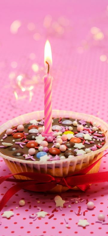 Muffin, Cupcake, Candle light, Red Ribbon, Pink background, Sugar sprinkles, Dessert, Birthday, Aesthetic, 5K