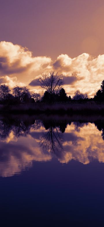 Lake, Sunset, Body of Water, Twilight, Evening sky, Clouds, Reflection, Trees, Dusk, Scenery, Panorama, 5K, 8K