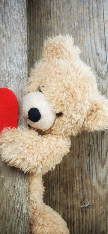 Red heart, Teddy bear, Wooden background, Soft toy, Stuffed, Valentine's Day, Fur, Kids toys, Fluffy Bear, Emotions, Cute toy, 5K, February