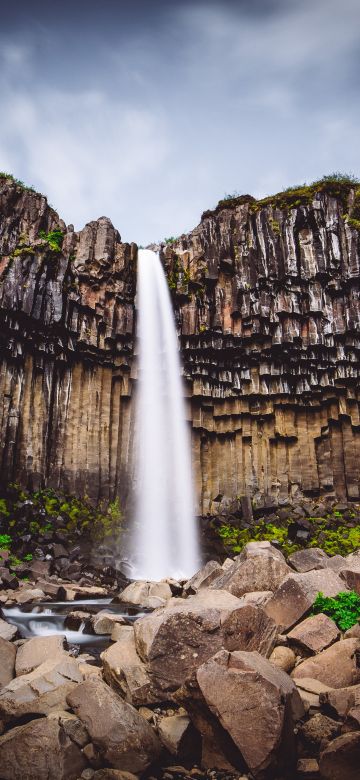 Svartifoss waterfall, Iceland, Vatnajökull National Park, Lava columns, Rocks, Cliff, 5K