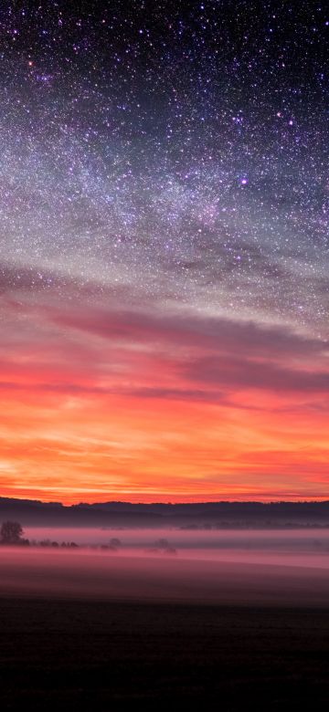 Starry sky, Sunset Orange, Landscape, Fog, Scenery, Clouds, 5K