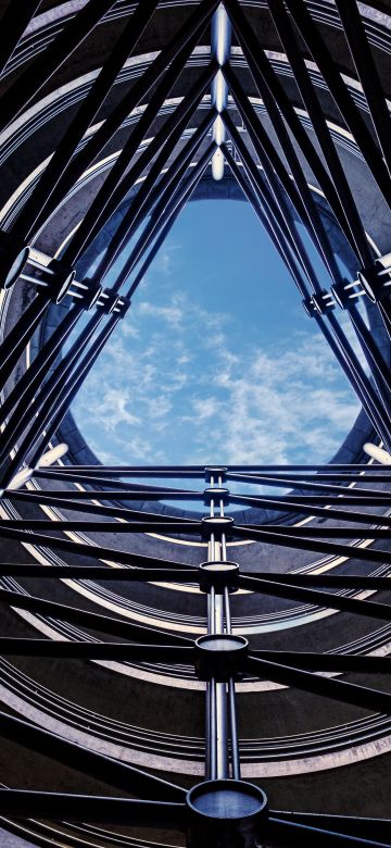 Multistorey car park, Looking up at Sky, Symmetrical, Pattern, Blue Sky, Circular, Structure, 5K