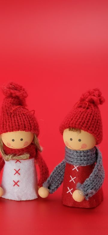 Figures, Man, Woman, Christmas decoration, Red background, Closeup, Art and Crafts, Beautiful, Doll, Cute dolls, 5K