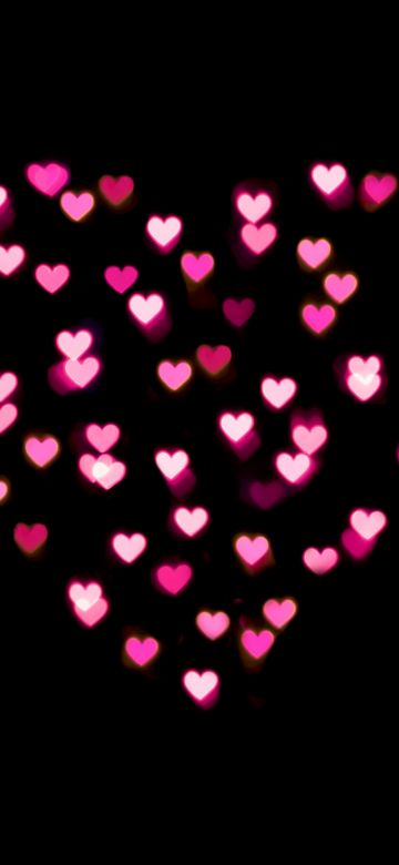 Love heart, Pink hearts, Lights, Night, Black background, 5K