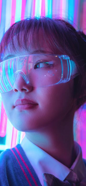 Girl, Neon Lights, Purple, Glow, Cyberpunk, Asian Girl, Neon glow, 5K, 8K