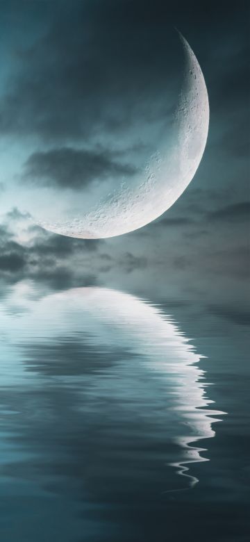 Ocean, Crescent Moon, Sea, Body of Water, Reflection, Dark clouds, Night sky, Scenery, 5K, 8K