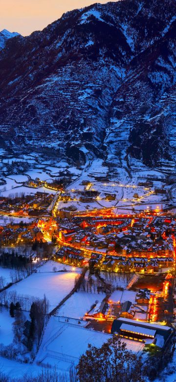 Spanish village, Benasque, Town, Winter, Pyrenees, Mountains, Night, Snow covered, 5K, 8K