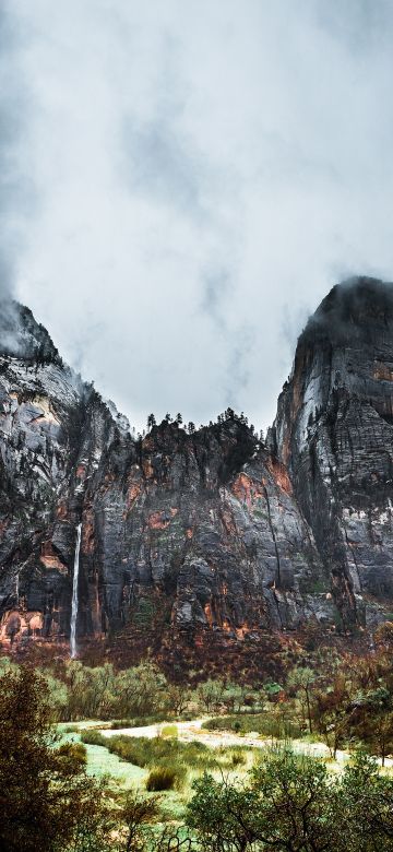 Zion National Park, Waterfall, Cliffs, Stormy, Cloudy Sky, Valley, Landscape, Rock formations, 5K