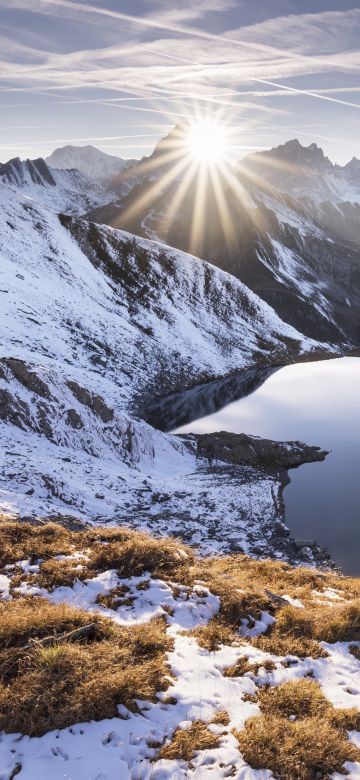 Heart lake, Sun rays, Mountain range, Glacier mountains, Snow covered, Sunrise, Clear sky, Landscape, Scenic, 5K