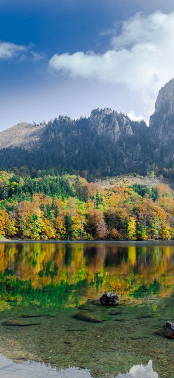 Langbathseen, Austria, Mirror Lake, Reflection, Mountain, Autumn trees, Clear water, Landscape, Scenery, 5K