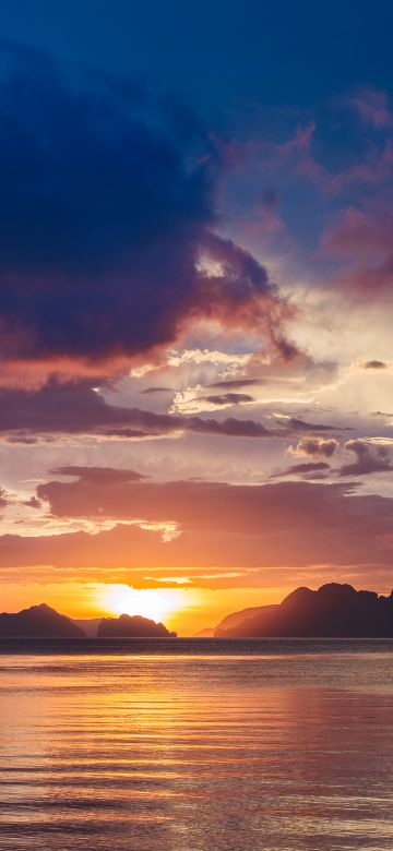 Bacuit Bay, Corong Beach, Philippines, Seascape, Sunset, Body of Water, Silhouette, Mountains, Cloudy Sky, 5K