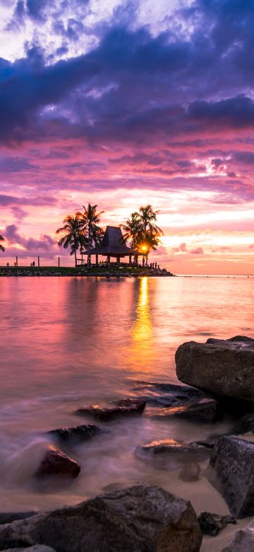 Tanjung Aru Resort, Kota Kinabalu, Malaysia, Sunset, Seascape, Palm trees, Landscape, Rocky coast, Long exposure, Cloudy Sky, Tourist attraction, 5K