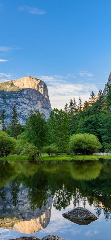 Yosemite Lake, Reflection, Green Trees, Body of Water, Woods, Landscape, Scenery, Greenery, Pleasant, Valley, Clear sky, Yosemite National Park, 5K