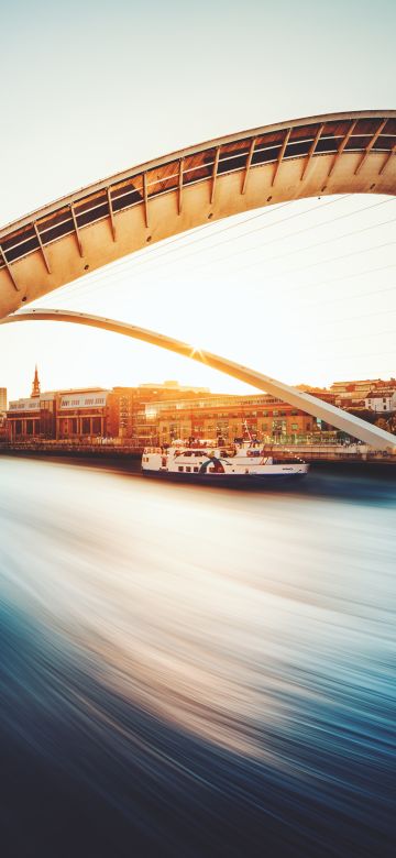 Gateshead Millennium Bridge, United Kingdom, Landmark, River Tyne, Long exposure, Sunset, Body of Water, Boat, Curve, 5K