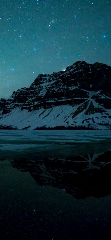 Bow Lake, Banff National Park, Canada, Bow River, Astronomy, Milky Way, Starry sky, Landscape, Reflection, Mountains, Night sky, Snow covered, 5K