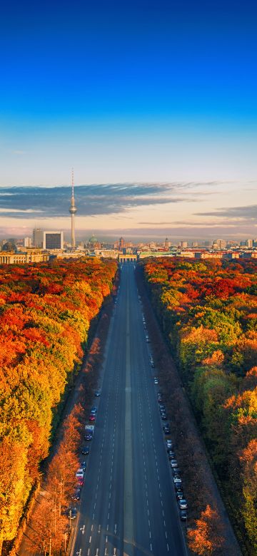 Autumn trees, Berlin City Skyline, Germany, Highway, Colorful, Blue Sky, Cityscape, Berlin TV Tower, Landscape, Beautiful, 5K