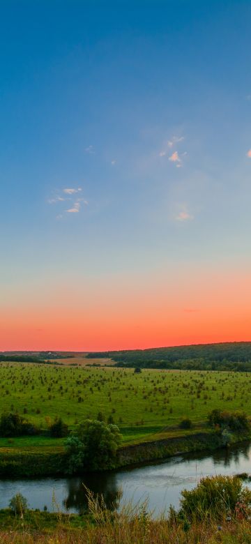 Upa River, Tula Region, Russia, Sunset Orange, Clear sky, Green Meadow, Water flow, Landscape, 5K