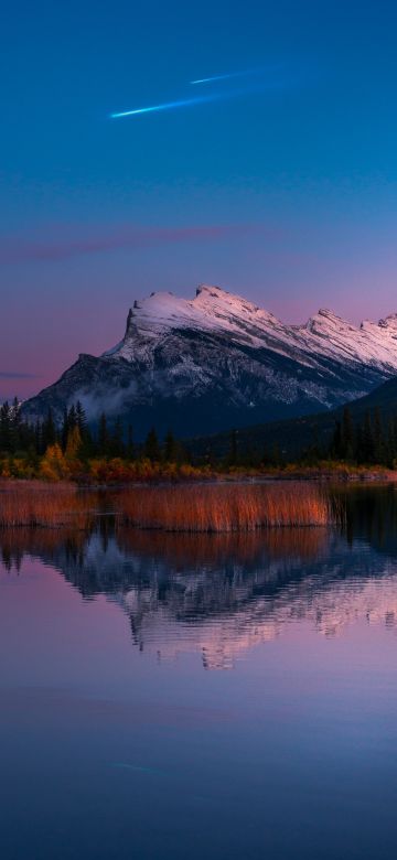 Vermilion Lakes, Canada, Canadian Rockies, Glacier mountains, Snow covered, Blue Sky, Reflection, Moonrise, Landscape, 5K