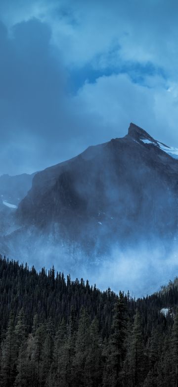 Yoho National Park, Canada, Mountain range, Misty mountains, Snow covered, Cloudy Sky, Alpine trees, Landscape, 5K