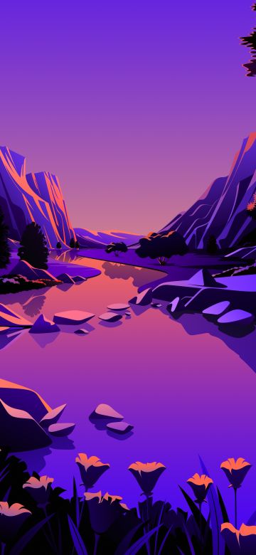 Lake, macOS Big Sur, Mountains, Rocks, Twilight, Sunset, Purple sky, Pink sky, Scenery, Illustration, iOS 14, Stock, Aesthetic, 5K