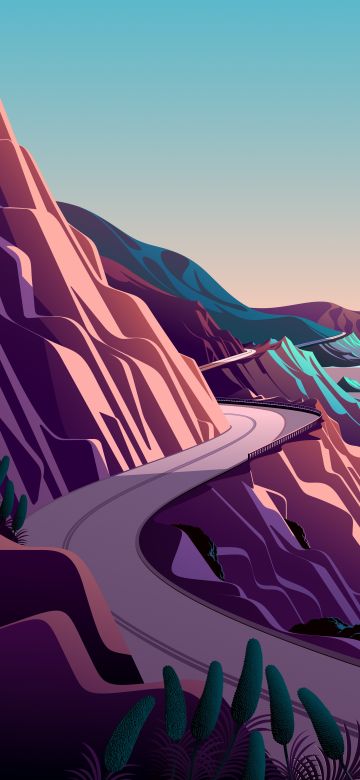 Coastline, Mountain pass, Road, Morning, Daylight, Scenery, Illustration, macOS Big Sur, iOS 14, Stock, Aesthetic, 5K