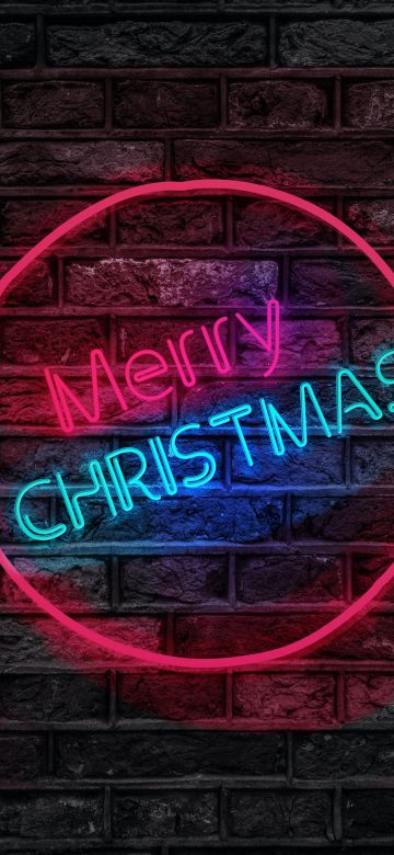 Merry Christmas, Neon, Brick wall, Dark, Colorful, Neon sign, 5K, Navidad, Noel