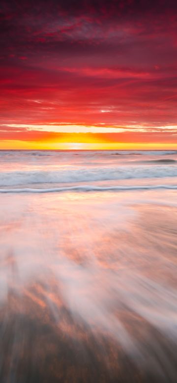 Leithfield Beach, New Zealand, Sunrise, Orange sky, Seascape, Waves, Coastal, Cloudy Sky, Long exposure, Stump, 5K