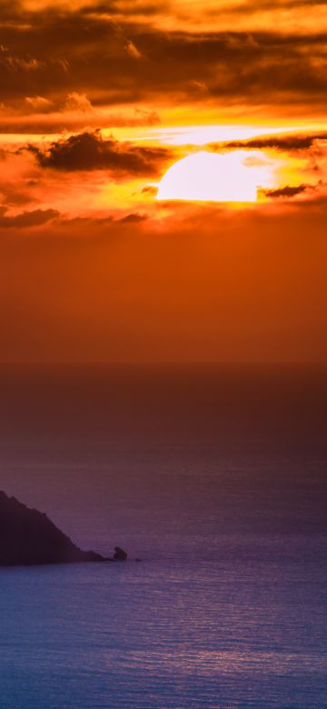 Mallorca Island, Spain, Sunset Orange, Cloudy Sky, Ocean, Dusk, Coastal, Body of Water, Landscape, 5K