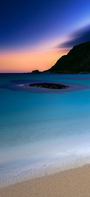 Grotlesanden Beach, Sunset, Norway, Coastal, Ocean blue, Seascape, Night time, Dusk, Landscape, Long exposure, 5K