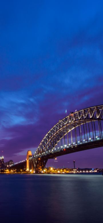 Sydney Harbour Bridge, Sydney Opera House, Metal structure, Australia, Cityscape, City lights, Purple sky, Skyscrapers, Night time, Body of Water, Dusk, 5K