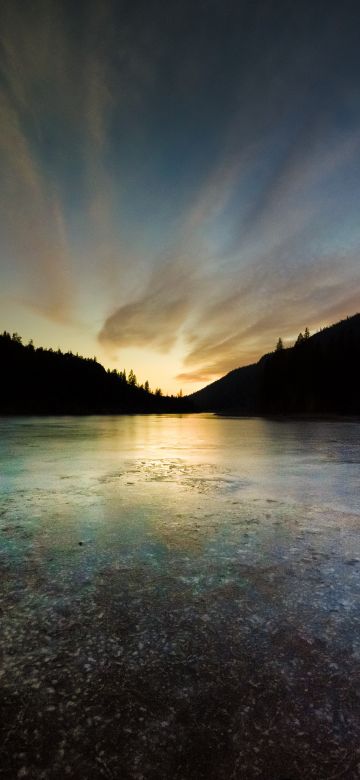 Rose Valley Reservoir, British Columbia, Canada, Sunset, Frozen, Silhouette, Landscape, Dusk, 5K