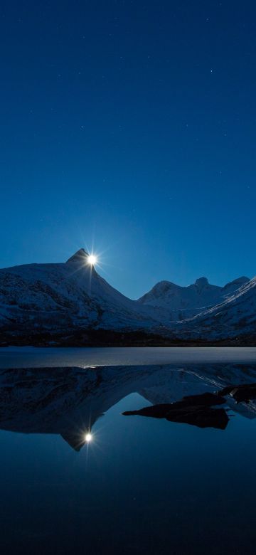 Moonrise, Blue Sky, Mountains, Snow covered, Lake, Landscape, Reflection, Night time, Twilight, Long exposure, 5K