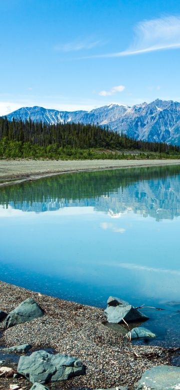 Blue lake, Mountain range, Snow covered, Landscape, Green Trees, Clear sky, Clouds, Reflection, Mirror Lake, Scenery, 5K