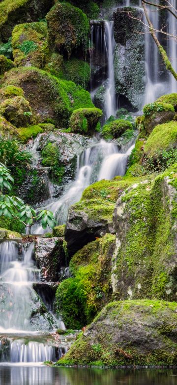 Portland Japanese Gardens, Waterfalls, Green Moss, Rocks, Greenery, Water Stream, Long exposure, 5K