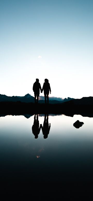 Couple, Switzerland, Silhouette, Together, Holding hands, Romantic, Mountains, Lake, Reflection, Dusk, Evening, 5K