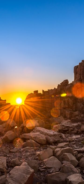 Bombo Headland Quarry, Sunrise, Australia, Geological Site, Blue Sky, Sun rays, Tourist attraction, Clear sky, Rocks, 5K