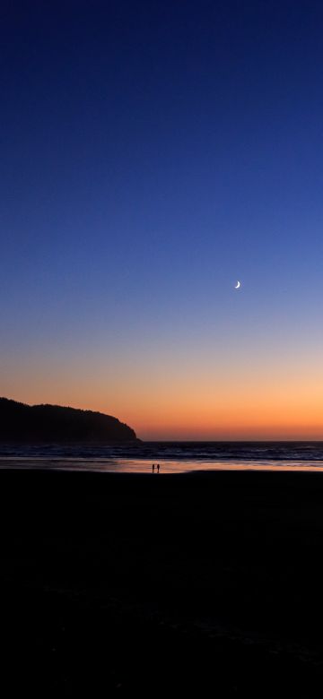 Sunset, Silhouette, Beach, Clear sky, Seascape, Ocean, Horizon, Landscape, Moon, 5K