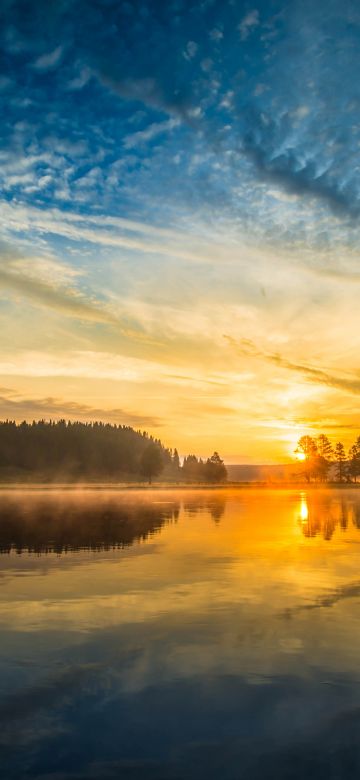 Sunrise, Yellowstone National Park, Mirror Lake, Body of Water, Misty, Clouds, Morning light, Reflection, 5K