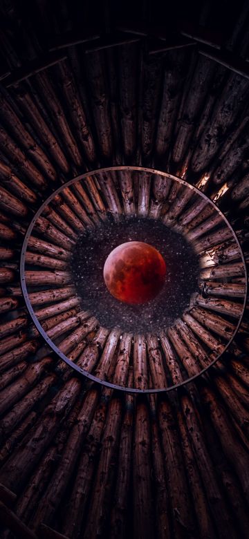 Blood Moon, Looking up at Sky, Stars, Circular, Pattern, Wood, Photoshop, 5K