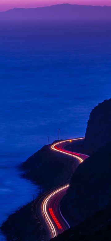 Pacific Coast Highway, California, Car lights, Long exposure, Seascape, Dusk, Sunset, Blue Ocean, Purple sky, Mountain range, Silhouette, 5K