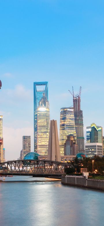 Waibaidu Bridge, Oriental Pearl Tower, Shanghai, China, Huangpu River, Cityscape, City lights, Skyscrapers, Skyline, Body of Water, Blue Sky, Tourist attraction, Landmark, 5K